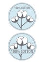 100 cotton product clothing labels. Cotton on blue background