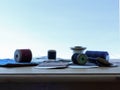 Cotton reels close up on a table with a pale blue background Royalty Free Stock Photo