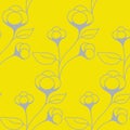 Cotton seamless pattern on a twig with leaves, yellow gray color. Floral organic natural pattern