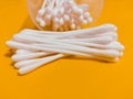 Cotton swabs buds on wood sticks hisopo wooden soft cotton earwax cleaner buds ENT closeup view