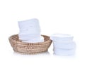 Cotton swabs sheets in basket isolated white background Royalty Free Stock Photo