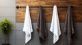 Cotton terry towels in white, black, and grey hanging on a rail in an empty space. Generative AI