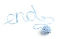 Word end made of blue thread and thread ball isolated on white background. Royalty Free Stock Photo