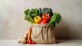 Cotton tote bag with fresh local produce bell pepper carrots celery broccoli garlic tomatoes leafy greens. Organic bio produce Royalty Free Stock Photo