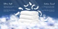 Cotton towels, realistic white cloth. Soft bathroom textile pile or stack, flying feathers and clouds, hotel fabric