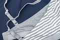 Cotton women`s bra with straps and striped print. Comfortable neutral women`s clothing for leisure and home