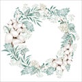 Cotton wreath for text. Floral ornament of cotton flowers and plants of delicate shades. Frame for text and floral decoration. Chr