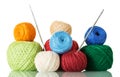 Cotton yarn balls of different shades and crochet hooks, isolated on white Royalty Free Stock Photo