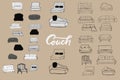 Couch big set. Vecthand drawn illustration. Interiors projects.