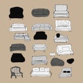 Couch big set. Vecthand drawn illustration. Interiors projects.