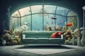 Submerged Couch Positioned in Front of an Underwater Window Royalty Free Stock Photo