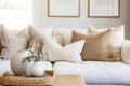 a couch with several throw pillows in neutral tones Royalty Free Stock Photo