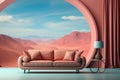 A couch sitting in front of a window with mountains in the background. Generative AI image. Royalty Free Stock Photo