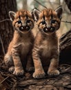 Cougar kitten cubs with their ears up, ai-generated artwork Royalty Free Stock Photo