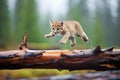 cougar in mid-pounce over a log