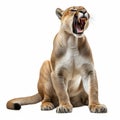 cougar stretching its legs with its tail raised, cute relaxed posture, white background, Generative AI