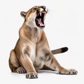 cougar stretching its legs with its tail raised, cute relaxed posture, white background, Generative AI