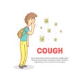 Cough Banner with Space for Text, Teenage Boy Coughing with Fist in Front of His Mouth Vector Illustration