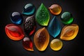 cough drops of various colors and flavors on black background