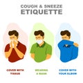 Cough and sneeze etiquette, medical advice to coughing and sneezing without spreading disease illustration.