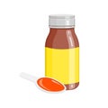 Cough syrup in bottle and spoon with poured doze isolated on white background. Liquid medicine for sore throat, cold