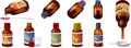 Cough syrup icons set cartoon vector. Dosage bottle