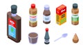 Cough syrup icons set, isometric style