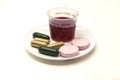 The cough syrup and tablets on the small plates, the prescription for the patient.