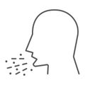 Cough thin line icon, coronavirus and flu, coughing man sign, vector graphics, a linear pattern on a white background