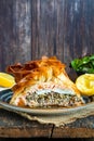 Coulibiac - salmon stuffed with rice, mushrooms,onion,dill and hard-boiled egg
