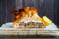 Coulibiac - salmon stuffed with rice, mushrooms,onion,dill and hard-boiled egg Royalty Free Stock Photo