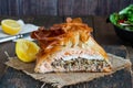 Coulibiac - salmon stuffed with rice, mushrooms,onion,dill and hard-boiled egg Royalty Free Stock Photo