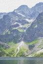 Couloir and talus slope (scree) over south shore of glacial lake in Tatra Mountains, oil painting effect image Royalty Free Stock Photo