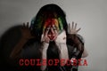 Coulrophobia. Double exposure of scared woman and clown