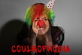 Coulrophobia. Double exposure of scared woman and clown