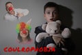 Coulrophobia concept. Scared boy with teddy bear and phantom of clowns