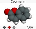 Coumarin, C9H6O2 molecule. It has sweet odor, recognised as scent of newly-mown hay. Coumarinic compounds are a class of lactones