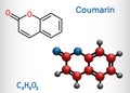 Coumarin, C9H6O2 molecule. It has sweet odor, recognised as scent of newly-mown hay. Coumarinic compounds are a class of lactones