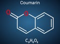 Coumarin, C9H6O2 molecule. It has sweet odor, recognised as scent of newly-mown hay. Coumarinic compounds are a class of lactones