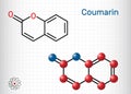 Coumarin, C9H6O2 molecule. It has sweet odor, recognised as scent of newly-mown hay. Coumarinic compounds are a class of lactones