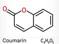Coumarin, C9H6O2 molecule. It has sweet odor, recognised as scent of newly-mown hay. Coumarinic compounds are a class of lactones