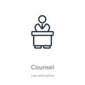 Counsel icon. Thin linear counsel outline icon isolated on white background from law and justice collection. Line vector counsel