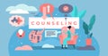 Counseling vector illustration. Tiny psychological specialty person concept Royalty Free Stock Photo