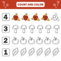 Count and color game for preschool children - autumn items. Worksheet