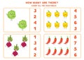 Count cute kawaii vegetables and circle the right answer