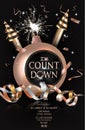 Count down party. Holiday background. Invitation card with realistic sparkling serpentine and christmas deco objects.