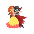 Count Dracula biting a young beautiful woman, vampire cartoon character wearing vector Illustration on a white