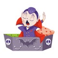 Count Dracula for halloween, vampire waking up to coffin. Vector flat cartoon illustration