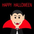 Count Dracula head face wearing red cape. Cute cartoon smiling vampire character with fangs. Happy Halloween. Greeting card. Flat