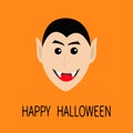 Count Dracula head smiling face. Cute cartoon vampire character with fangs. Happy Halloween. Greeting card. Flat design. Orange ba Royalty Free Stock Photo